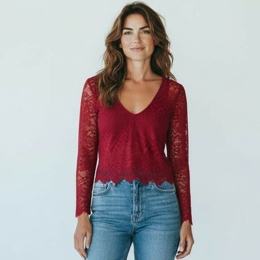Sezane Burgundy Lace V-Neck Long Sleeve Top